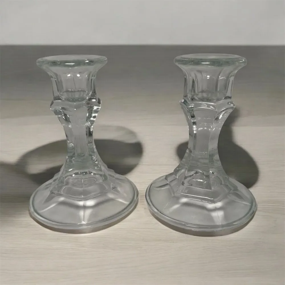 Vtg 1970s Clear Glass Candlestick Holders Hexagon Shape
